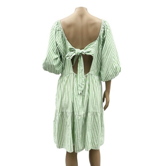 Beachlunchlounge Women Back Bow Babydoll Dress Balloon‎ Sleeve Striped Green L - Picture 5 of 15